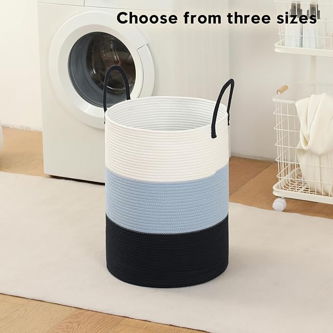 Woven Laundry Hamper Tall Rope Storage Basket for Blanket oys Dirty Clothes in Living Room Bathroom Bedroom (Gradient Blue, 80L/21.3Gal)