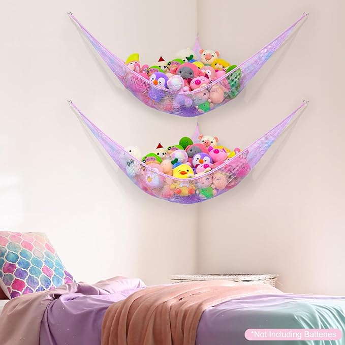 Basumee Stuffed Animals Net or Hammock with LED Light Hanging Toy Net Hammock for Stuffed Animals Storage Stuff Animals Hammocks for Nursery Room with Remote Control, 8 Kinds of Lights(Pack of 2)