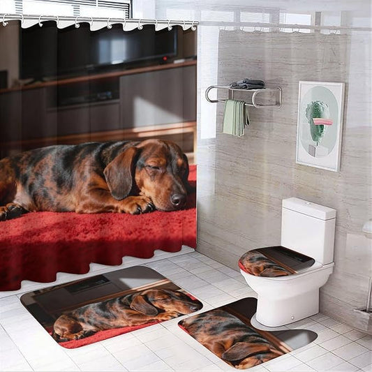 4 Piece Bathroom Rug Set with Shower Curtain, Non-Slip Bath Mat Toilet Cover Set, Dachshund Bathroom Rug Sets