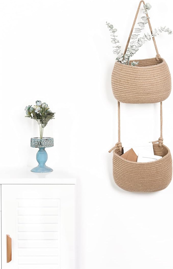 Over The Door Hanging Basket, 2 Tier Cotton Rope Woven Wall Basket, Magazine Racks Hanging Organizer, Decorative Hanging Storage Baskets for Organizing Living Room, Bathroom and Bedroom (Jute)