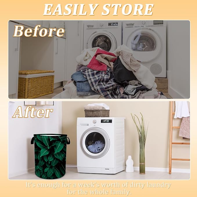 Tropical Leaves Laundry Basket, Plants Laundry Hamper Foldable Waterproof Oxford Cloth Funny Tote Bag Dirty Clothes Storage Bucket Toy Organizer for Bathroom/Laundry/Bedroom 15.7"x19.6"