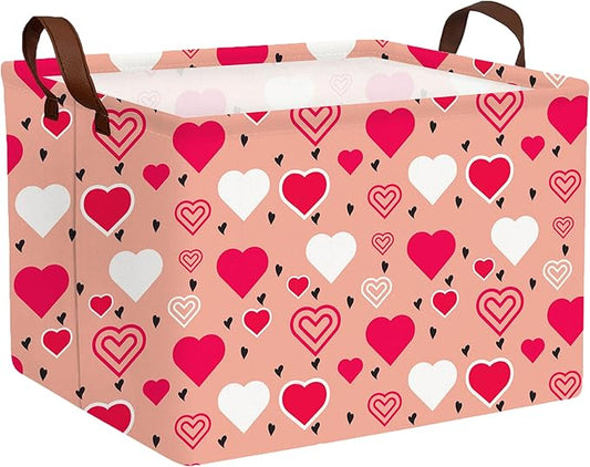 Large Valentine's Day Basket Heart Shaped Storage Bin for Gifts Collapsible Organizer Room Decor (Pink Bottom Red White Love)