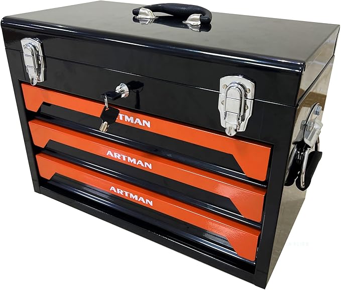 20" Portable 3 Drawer Steel Toolbox,Built in Tool Set,4 Layers of Tools with Metal Latches, with Top Storage Tray and carrying Handle, Multi-Function Tool Storage for Garage, Home,or Workbench