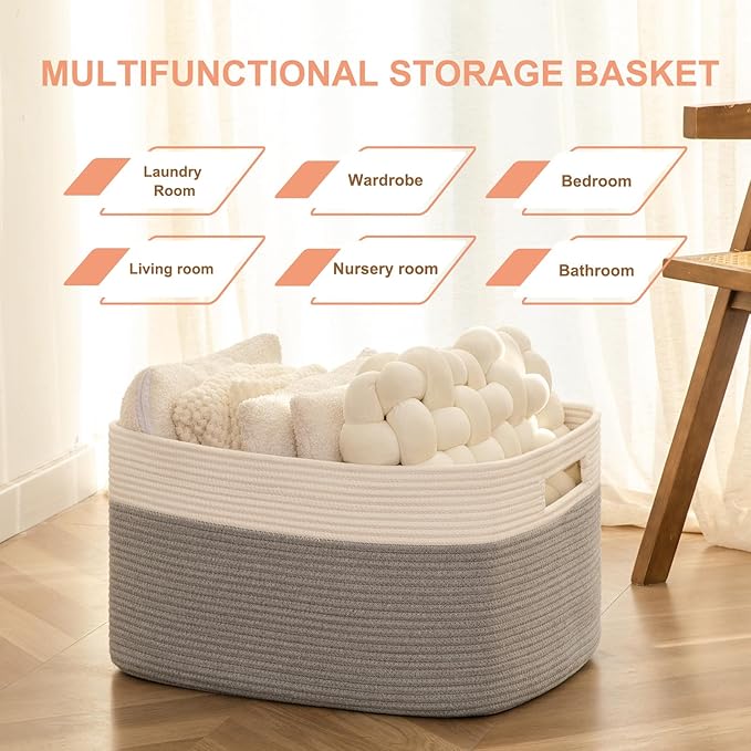 75L Large Blanket Basket, Toy Basket Bin for Kids, Cotton Rope Woven Storage Baskets for Living Room, Bedroom, Nursery, Baby Room Decorative Organizer, 22''×17''×12'', Grey and White