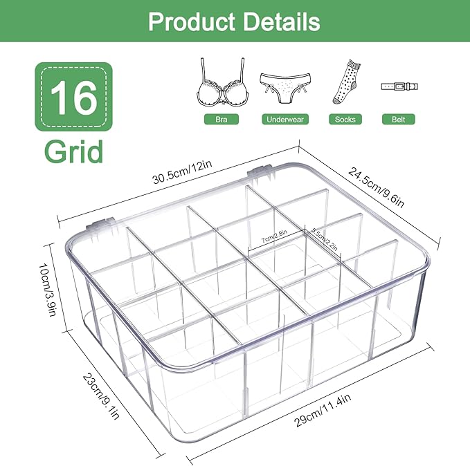 2-Pack Acrylic Sock and Underwear Organizer with Blank Label, Clear Plastic Organization and Storage Bins with Lid and Removable Dividers, Storage Box for Closet
