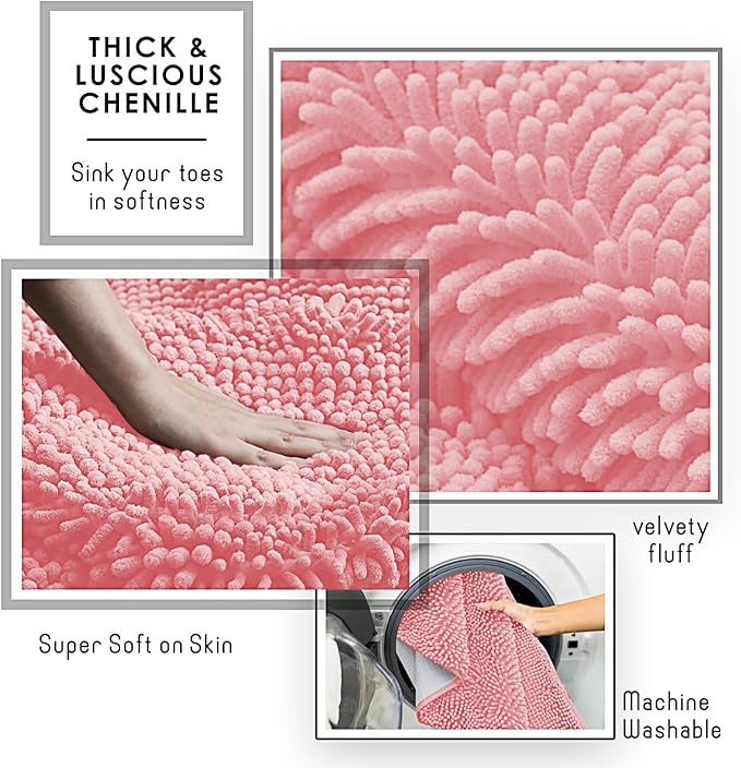 Hearth & Harbor Bathroom Rugs, Chenille Bath Mat - Machine Washable Bath Mats for Bathroom Non-Slip Backing Rubber, Quick Dry Bathroom Mat, 17 x 24 + 20 x 24 - Pink