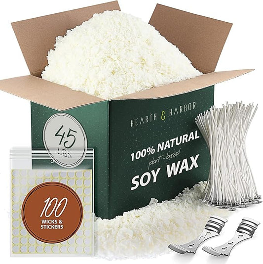 Hearth & Harbor Organic Soy Candle Wax for Candle Making, 45 lbs Natural Candles Making Supplies, Beeswax-Free, Paraffin-Free, Pure Soy Wax Flakes Perfect for Candles, Tealights and Melts