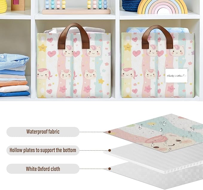 Collapsible Storage Baskets With Handles Cartoon Unicorn Lovely Stripes Medium Storage Box for Clothes Organizing Waterproof Foldable Storage Bins set of 2