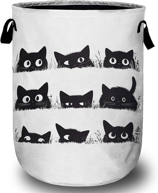 Cute Black Cat Laundry Basket, Laundry Hamper Collapsible Oxford Cloth with Handle Clothes Toy Storage Bin for Bathroom Laundry Room Bedroom 15.7 X 20 Inch
