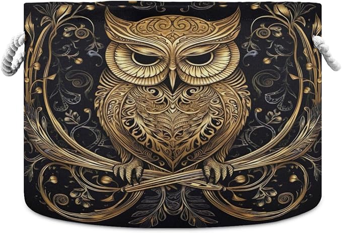 Blanket Storage Basket for Living Room - Abstract Funny Owl Large 20"x20"x14" Cotton Rope Handles Laundry Basket, Foldable for Toy Storage, Blanket Basket