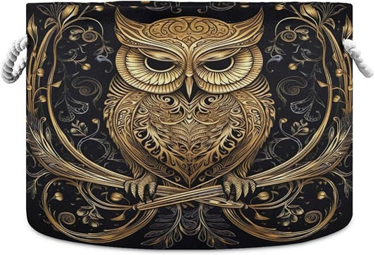 Blanket Storage Basket for Living Room - Abstract Funny Owl Large 20"x20"x14" Cotton Rope Handles Laundry Basket, Foldable for Toy Storage, Blanket Basket
