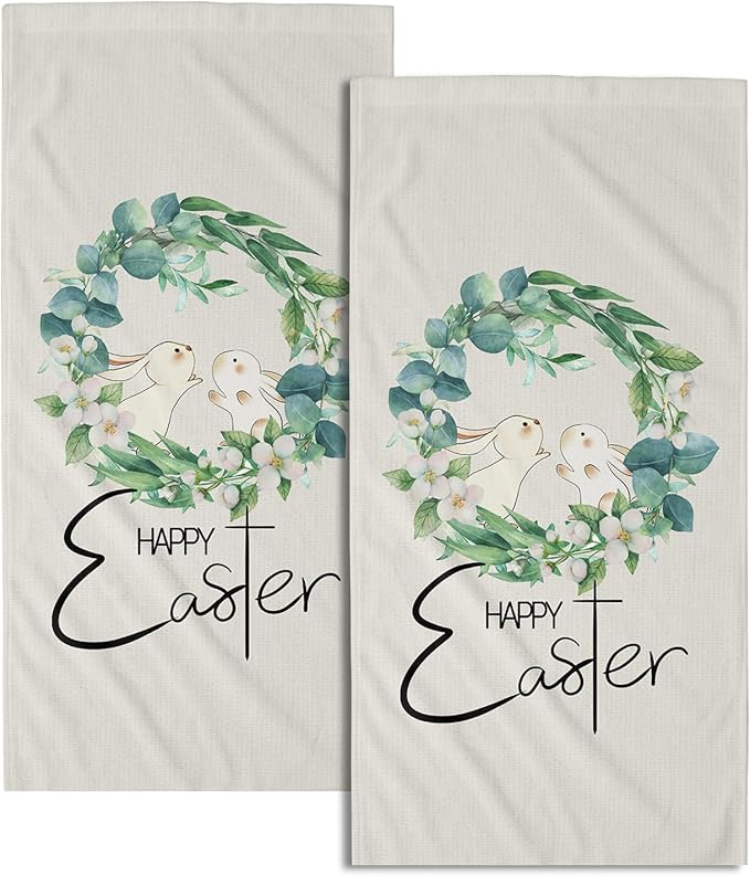 Happy Easter Hand Towels Green Leaves Kitchen Towels Set of 2 Soft Absorbent Easter Rabbit Bunny Bath Towels 14x28 Inch Spring Holiday Beige Dish Towels for Bathroom Kitchen Bar Tea Gym Spa Decor