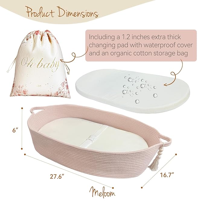 meloom Baby Changing Basket with Pads and Safety Belt- 100% Cotton Boho Baby Moses Basket Changing Table and Thick Pad with Waterproof Mattress Cover, Nursery Decor in Pink Color with Storage Bag
