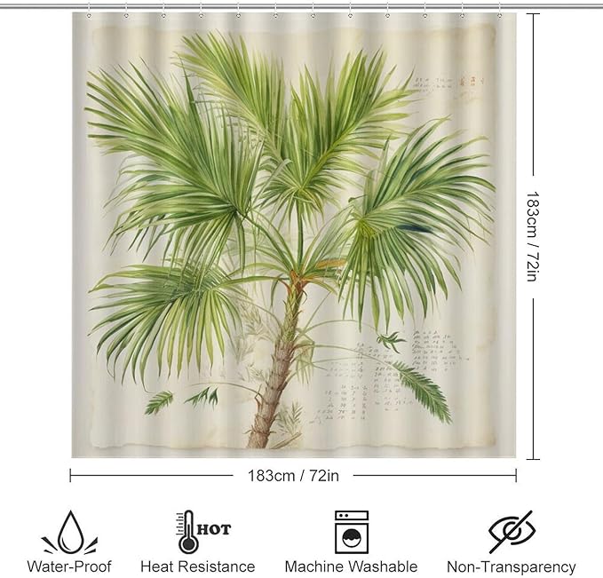 Green Palm Tree 4 Piece Shower Curtain Sets with Rugs Include Waterproof Shower Curtain Non-Slip Rug Toilet Lid Cover Bath Mat Coconut Palm Tree Nature Paradise Plants Waterproof Bath Curtain