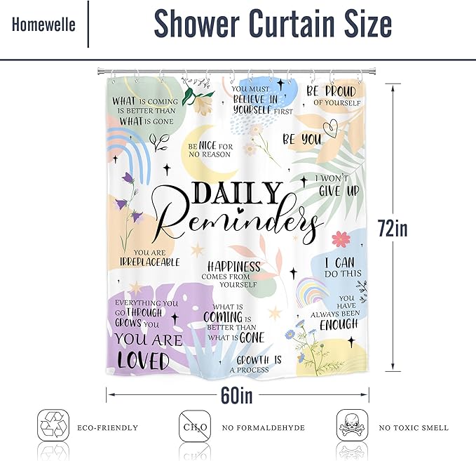 Homewelle Inspirational Quotes Shower Curtain Girly Abstract Boho Motivational Words Rainbow Moon Palm Leaves Wildflower Colorful 60Wx72H Inch Aesthetic Waterproof Polyester Fabric Bathroom Bathtub