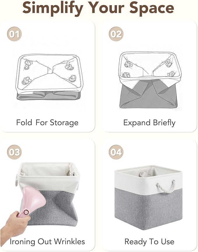 12x12 Storage Cube Bins, 6 Pack Reinforced Bottom Cardboard Foldable Box, Organizer for Closet Shelves, Heavy Home Storage Baskets (White Gray)