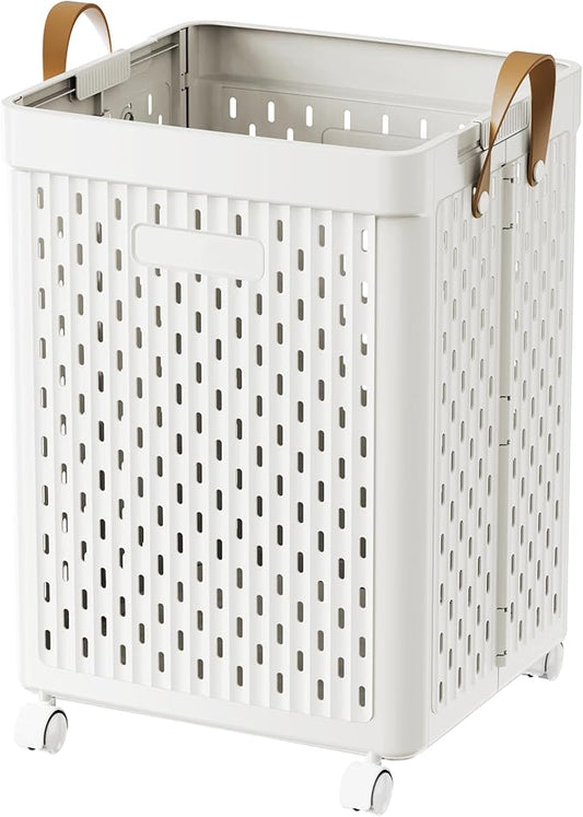 UAK Plastic Laundry Basket with Wheels & Handle, 67L Heavy Duty Foldable Laundry Hamper – Easy Clean Waterproof Rolling Organizer for Bathroom & Laundry Room, White
