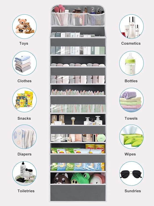 Over the Door Organizer 7 Tiers - 55lb Heavy Duty Door Hanging Organizer, No Tilt Behind Door Storage for Bedroom/Bathroom/Closet/Nursery/Shoe Storage, Grey, 1 Pack