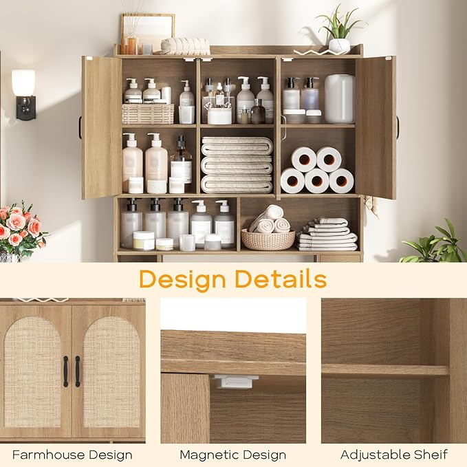 Vabches Over The Toilet Storage Cabinet,Farmhouse Over Toilet Bathroom Organizer with 3 Barn Doors & Toilet Paper Holder Stand,Home Space-Saving Toilet Rack with Shelves，for Bathroom,Restroom,Laundry