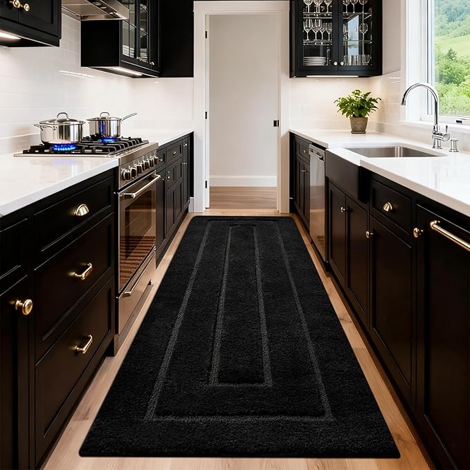 HOMORE Long Bathroom Runner Rugs, 24x80 Inch Non Slip Washable Bath Rug, Black Rugs for Bathroom Absorbent Bath Mat for Shower Floor