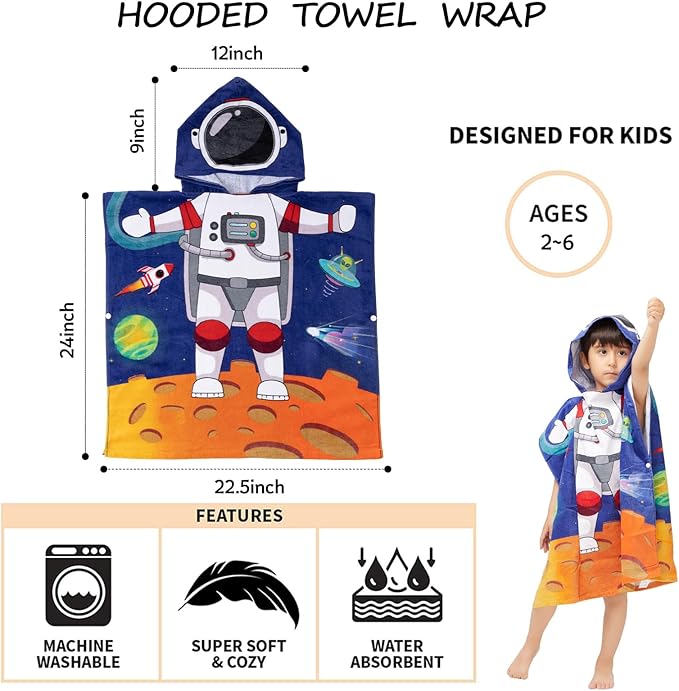 100% Cotton Hooded Towel for Toddlers 2-6 Years Boys Girls Kids Bath Pool Beach Towel Soft Absorbent Beach Poncho Little Astronaut