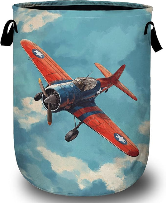 Vintage Airplane Laundry Basket, Foldable Laundry Hamper Tote Bag Dirty Clothes Storage Bucket Toy Organizer for Bathroom/Laundry/Bedroom 15.7"x19.6"