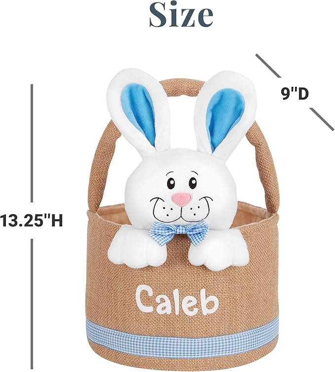 Let's Make Memories Personalized Easter Basket for Kids - Custom - For Boys and Girls - Fillable - With Optional Easter Basket Stuffers - 3-D Stuffed Bunny in Burlap - Blue