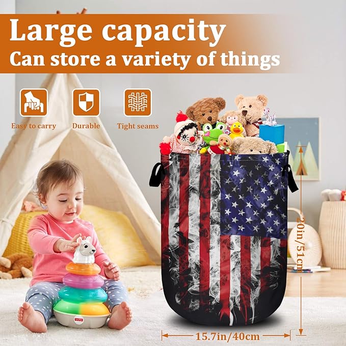 Smoke USA Flag Laundry Basket with Sturdy Handles, Memorial Day Patriotic Collapsible Oxford Cloth Laundry Hamper Organizer Basket for Bathroom Bedroom 15.7x20 Inch