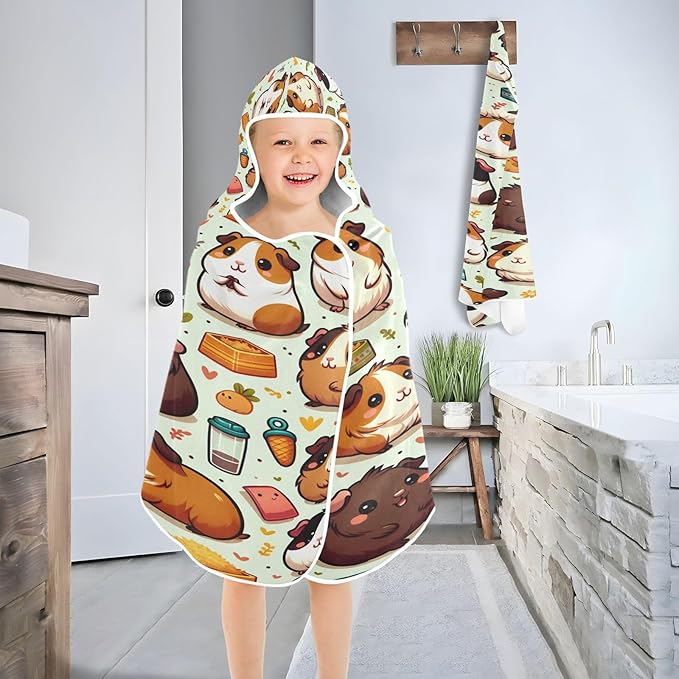 Hooded Beach Towel for Kids, Cute Guinea Pig Girls Boys Bath Towel Poncho, Super Soft & Absorbent Pool Towel, 50 x 23.5 Inches