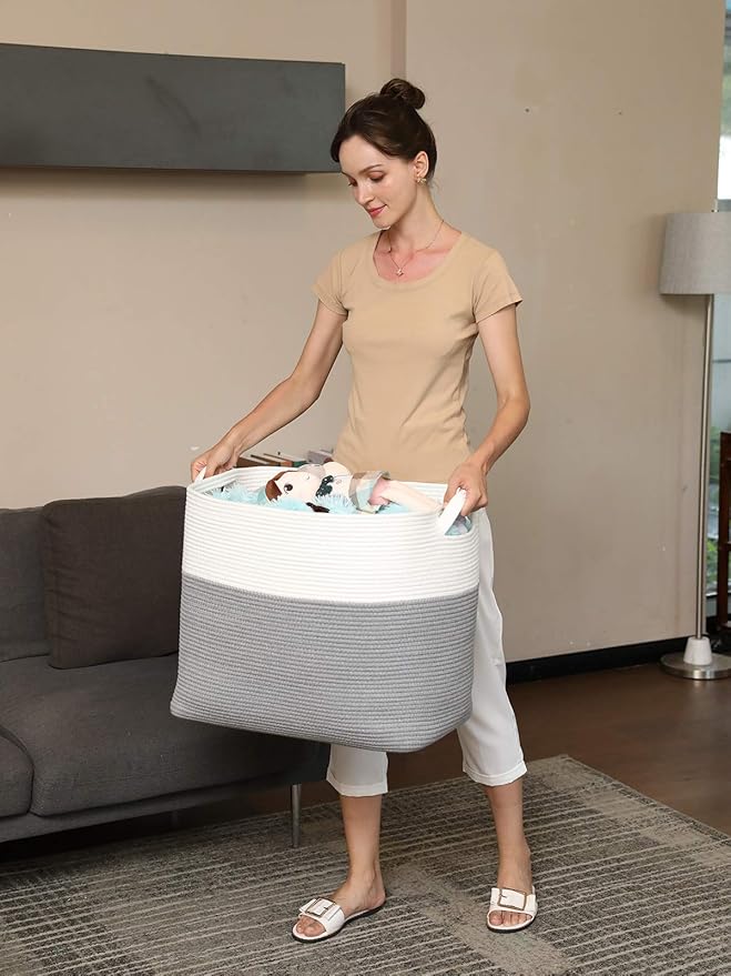 22"x14"x18" Mega Size Rectangular Extra Large Storage Basket, Rectangular Cotton Rope Storage Baskets, Woven Laundry Hamper, Cloth Storage Bin, for Clothes Blanket in Living Room, Grey Basket