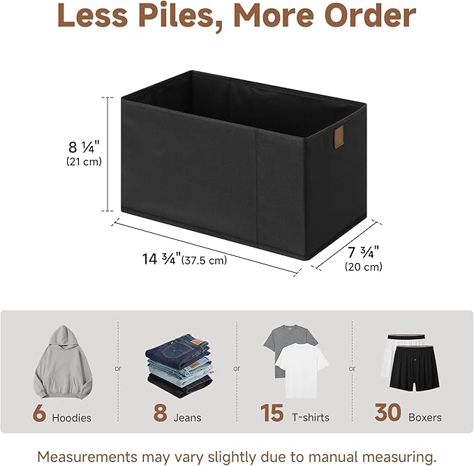 StorageWorks Fabric Storage Bins, Narrow Baskets for Storage, Small Baskets for Organizing with PU Handle, Suitable for Clothes, Books, and Toys, Black, 4-Pack