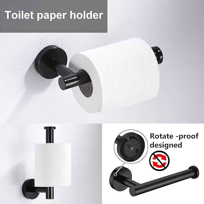 6 Pieces Matte Black Bathroom Hardware Accessories Set Hand Towel Ring 16&23.6 inch Round Towel Bar Silver Toilet Paper Holder Towel Hooks 2 Pieces SUS 304 Stainless Steel,Heavy Duty,Wall Mounted