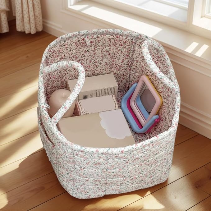 JQWYGB Foldable Laundry Basket Boho Bear Storage Basket Floral Quilted Fabric Car Storage Basket Handles Large Laundry Baskets for Clothes and Dolls