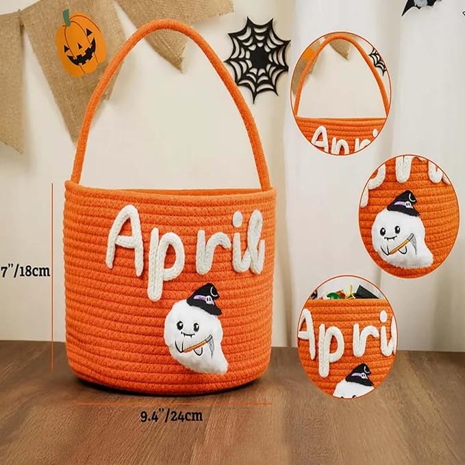 Personalized Halloween Candy Bucket, Custom Baby Name Trick or Treat Baskets Customized Monogrammed Cotton Tote Basket Toys Storage Basket Gifts for Boys Girls Halloween