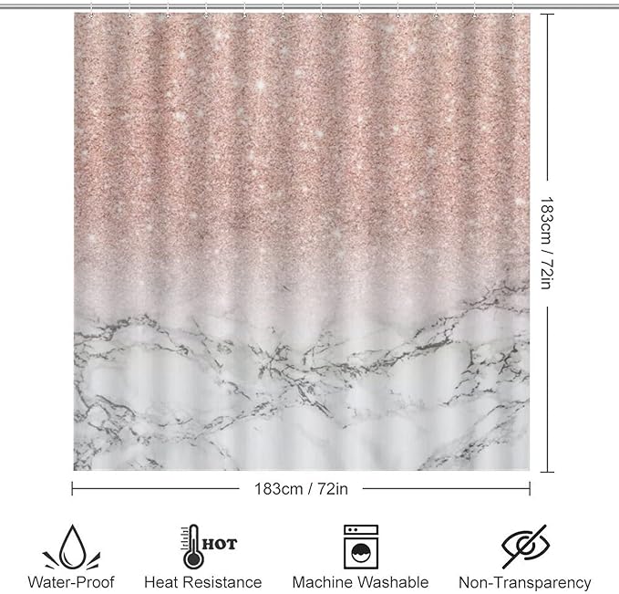 4 Piece Modern Rose Gold Pink Glitter White Marble Art Shower Curtain + Bath Room Rug Mat Set, Waterproof Spa Curtain Super Absorbent Bath Room Carpet