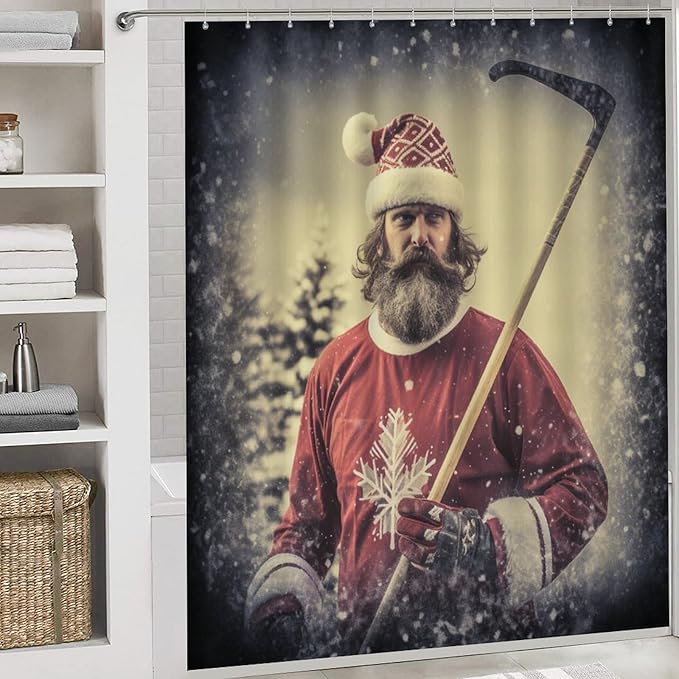 4 Pcs Shower Curtain Set Santa Claus Playing Hockey Ice Skate Sport Bathroom Shower Curtain Set with Rugs Ice Sports Games Shower Curtain with 12 Hooks for Bathroom Decor 72inch X 72inch