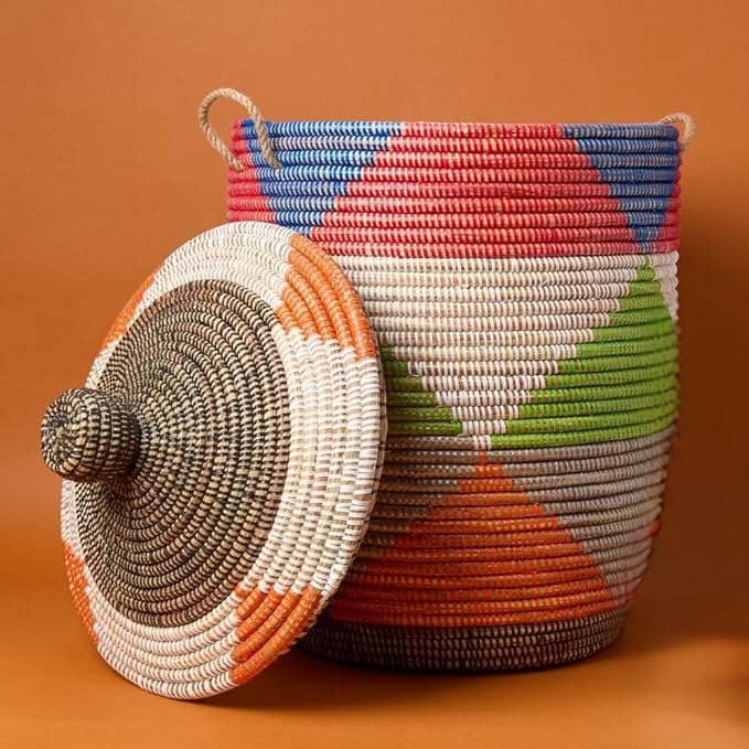 Colorful Triangles Wicker Baskets, Storage Hampers for Laundry, Blankets, Toys, Bedroom, Living Room, Nursery (Medium)