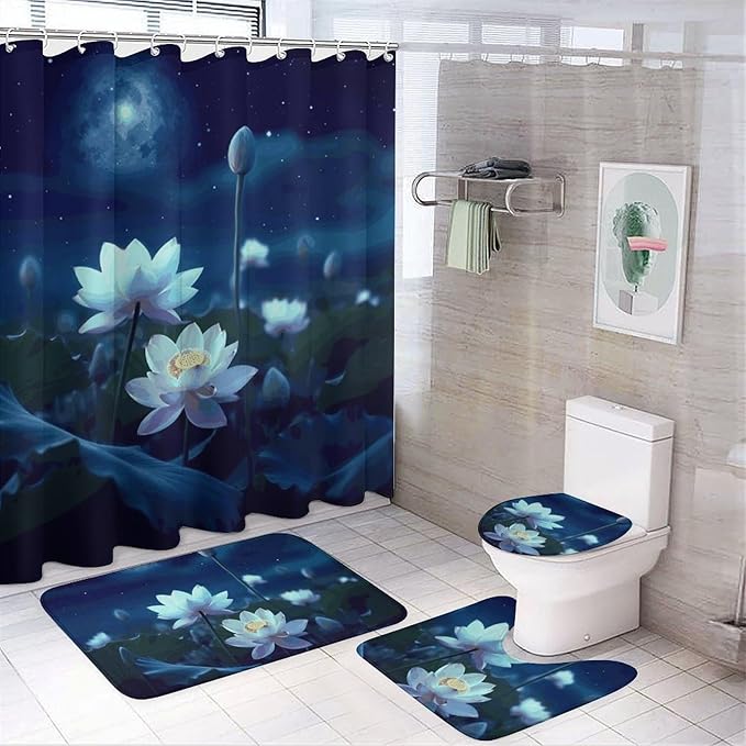 4 Piece Bathroom Rug Set with Shower Curtain, Non-Slip Bath Mat Toilet Cover Set, Night Flowers Bathroom Rug Sets