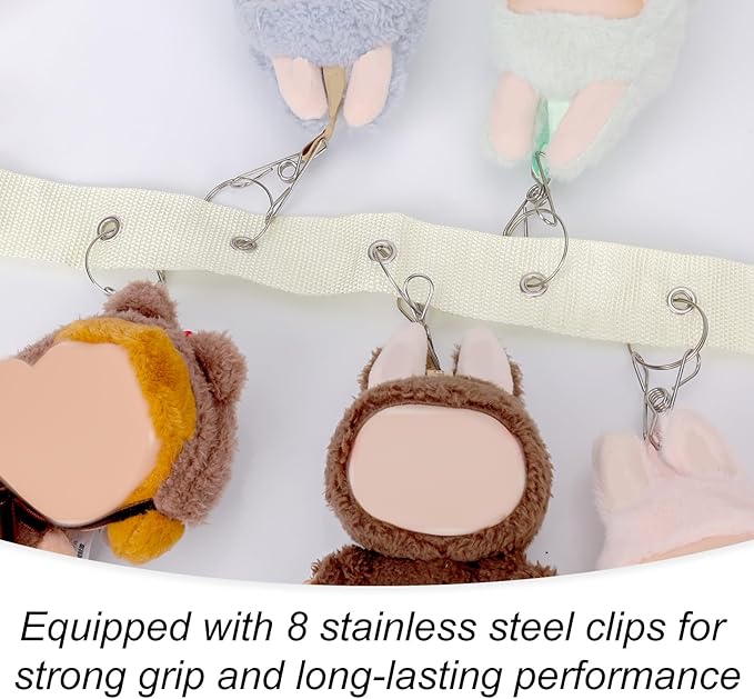 Plush Toy Display Strap, Stuffed Animal Hanging Storage Chain with 8 Metal Clips Wall & Over Door Organizer Holder for 5.9-6.69in Doll or Hats Scarf Nursery Room Decor (White)