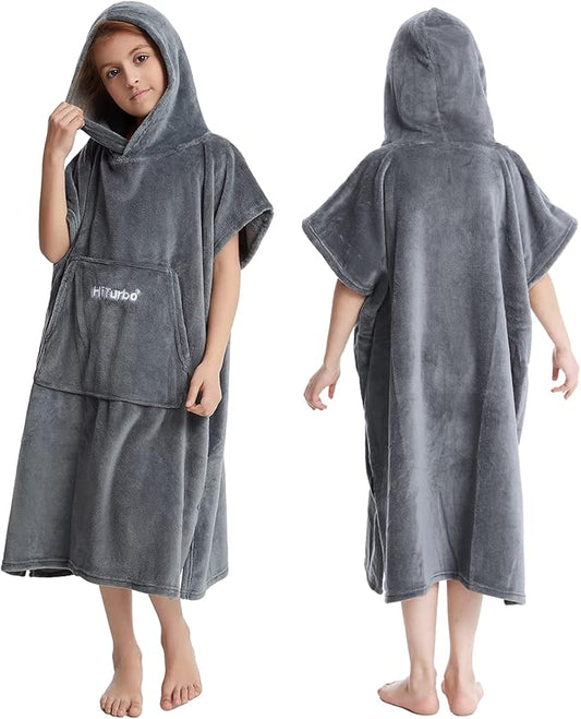 Hiturbo Kids Towel Changing Robe: Soft Plush Bath Towels - Warm Coral Fleece Hoodie - Swim Surf Poncho for 5-12 Years (Gray)