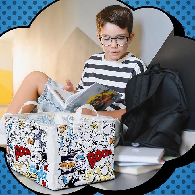 Maxdot 3 Pack Hero Comic Book Storage Themed Basket Large Gifts for Laundry Hamper Basket for Kids Room Nursery Collapsible Toy Clothes Storage Collection Bin(Hero,Rectangle)