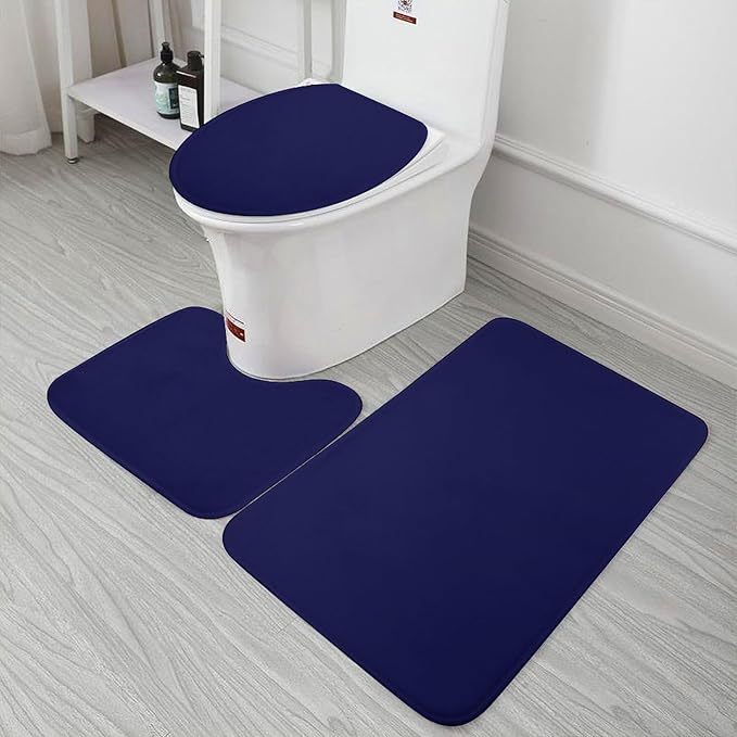 3 Pieces Bath Rug Sets, Solid Navy Blue Bathroom Mat Set Non Slip U Shaped Contour Rug & Toilet Lid Cover