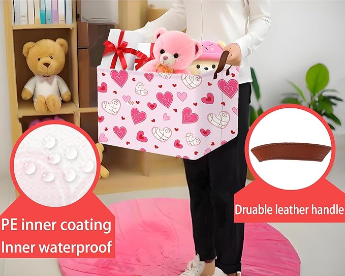 Large Valentine's Day Basket Heart Shaped Storage Bin for Gifts Collapsible Organizer Room Decor (Pink Bottom Lines White Love)
