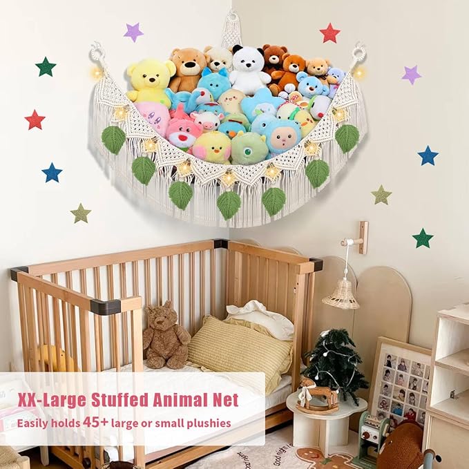 Stuffed Animal Storage Hammock Corner w/LED Star Light, 56'' Jumbo Boho Tassel Leaf Hanging Stuffed Animal Net Holder, Cream Toy Hammock Plushie Net for Kid Girls Boys Gift Nursery Decor