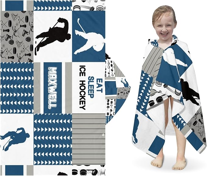 Hooded Bath Towels for Kids, Hockey Sky Blue Personalized Towel for Swimming Robe | Bathing | Beach | Birthday Gifts