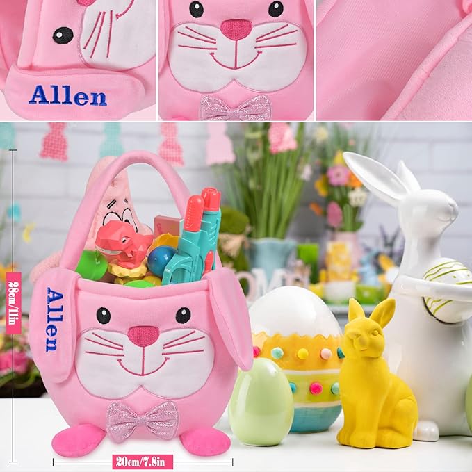 Personalized Easter Basket, PEMIRSAYO Easter Baskets for Kids Easter Bunny Baskets Custom Easter Basket Personalized Easter Gifts Toddler Easter Baskets Empty - Pink Bunny