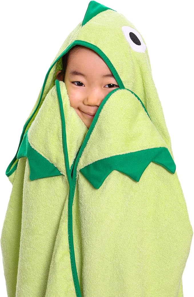 Premium Kids Dinosaur Design Hooded Towel | 100% Cotton Heavyweight Terry Cloth | Bath, Beach Towel for Boys & Girls (Green)