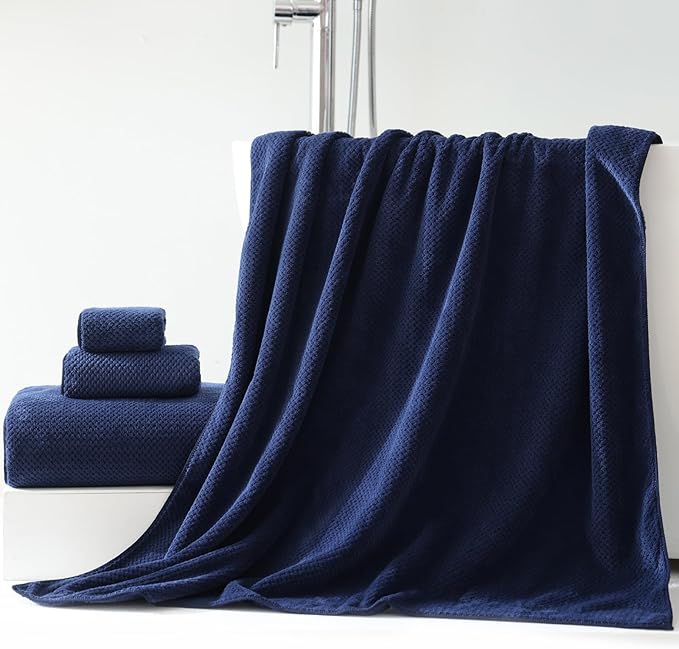 30x60 Inches Extra Large Bath Towels Set Super Soft Absorbent Luxury Microfiber Towels for Bathroom (Navy Blue, 3PCS)