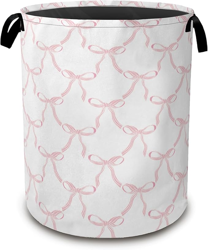 Cute Pink Bows Collapsible Laundry Baskets,Laundry Hamper,Storage Basket with Handles for Bathroom Bedroom College Dormitory Living Room Nursery Organizer 16"x20"