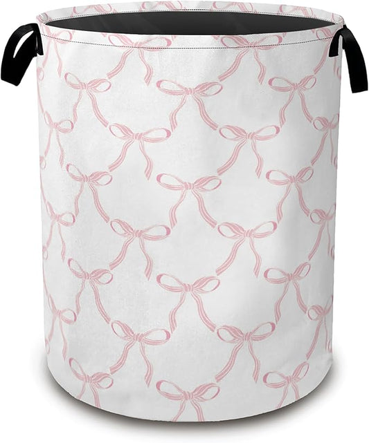 Cute Pink Bows Collapsible Laundry Baskets,Laundry Hamper,Storage Basket with Handles for Bathroom Bedroom College Dormitory Living Room Nursery Organizer 16"x20"